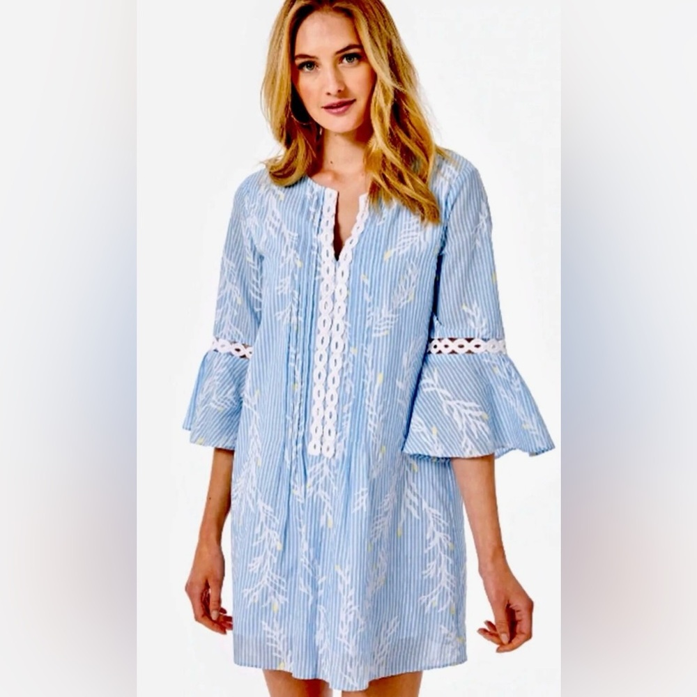 LILY Pulitzer Blue Hollie Tunic Dress Floral Stripe Lace Medium